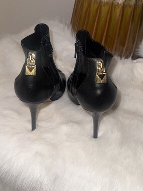 Michael Kors Black Leather Cutout Ankle Heels with Gold Hardware